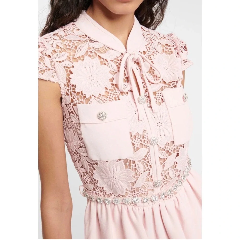 Self-Portrait Pink  Lace Crystal Button Mini Dress US 10 UK 14 - Picture 3 of 9